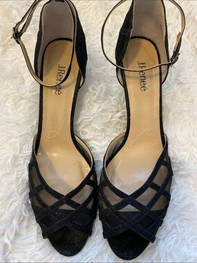 J.Renee Black Mesh Crisscross Peep-Toe Ankle-Strap Heels